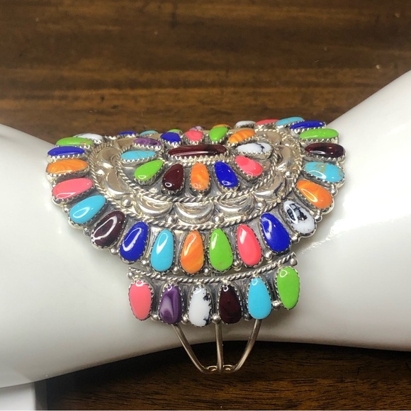 NAVAJO Handmade Native American Sterling Silver Multi Gemstone Petit Point Cuff - Picture 5 of 17